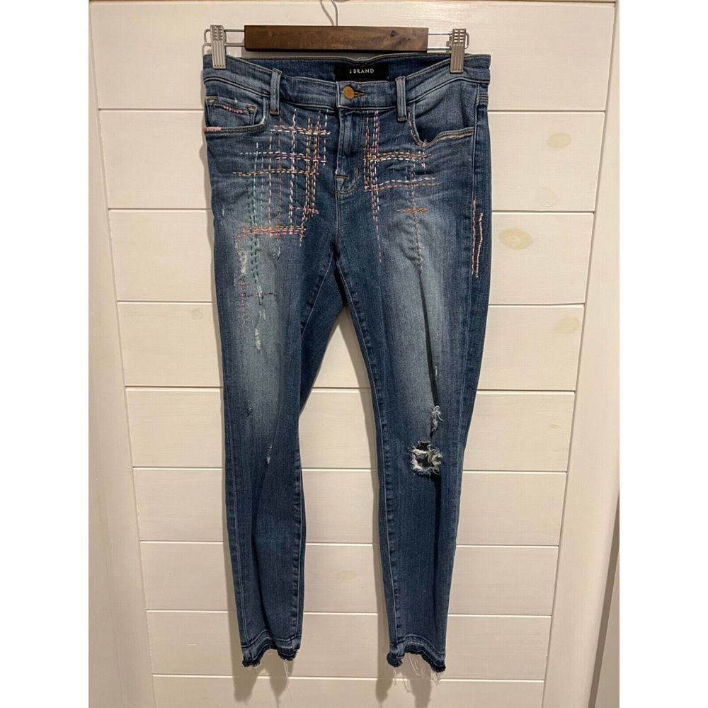 WOMENS J BRAND PULSE BOHO CAPRI RAW HEM DISTRESSED EMBROIDERED JEANS SZ 28